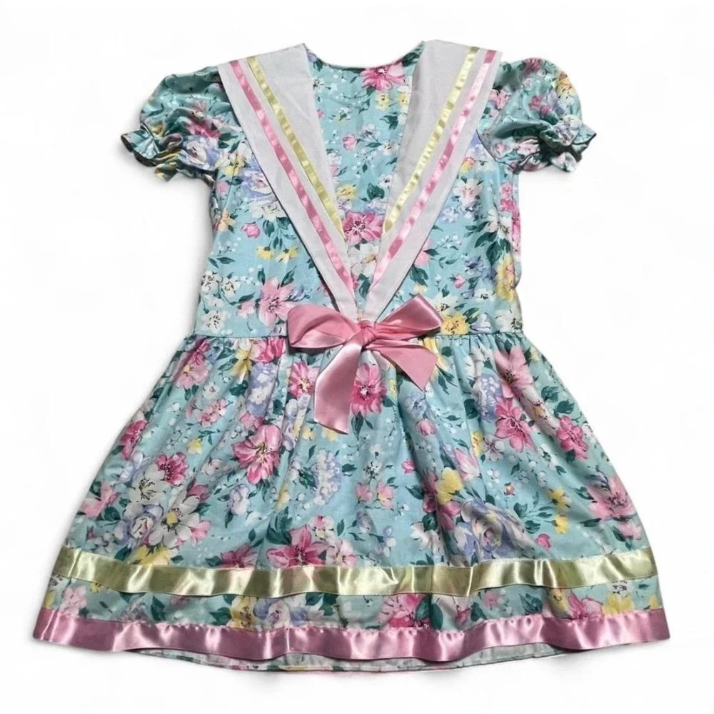 Vintage Carter's Floral Dress Size 6 Made in USA 1983 Ribbon Trim Bow‎